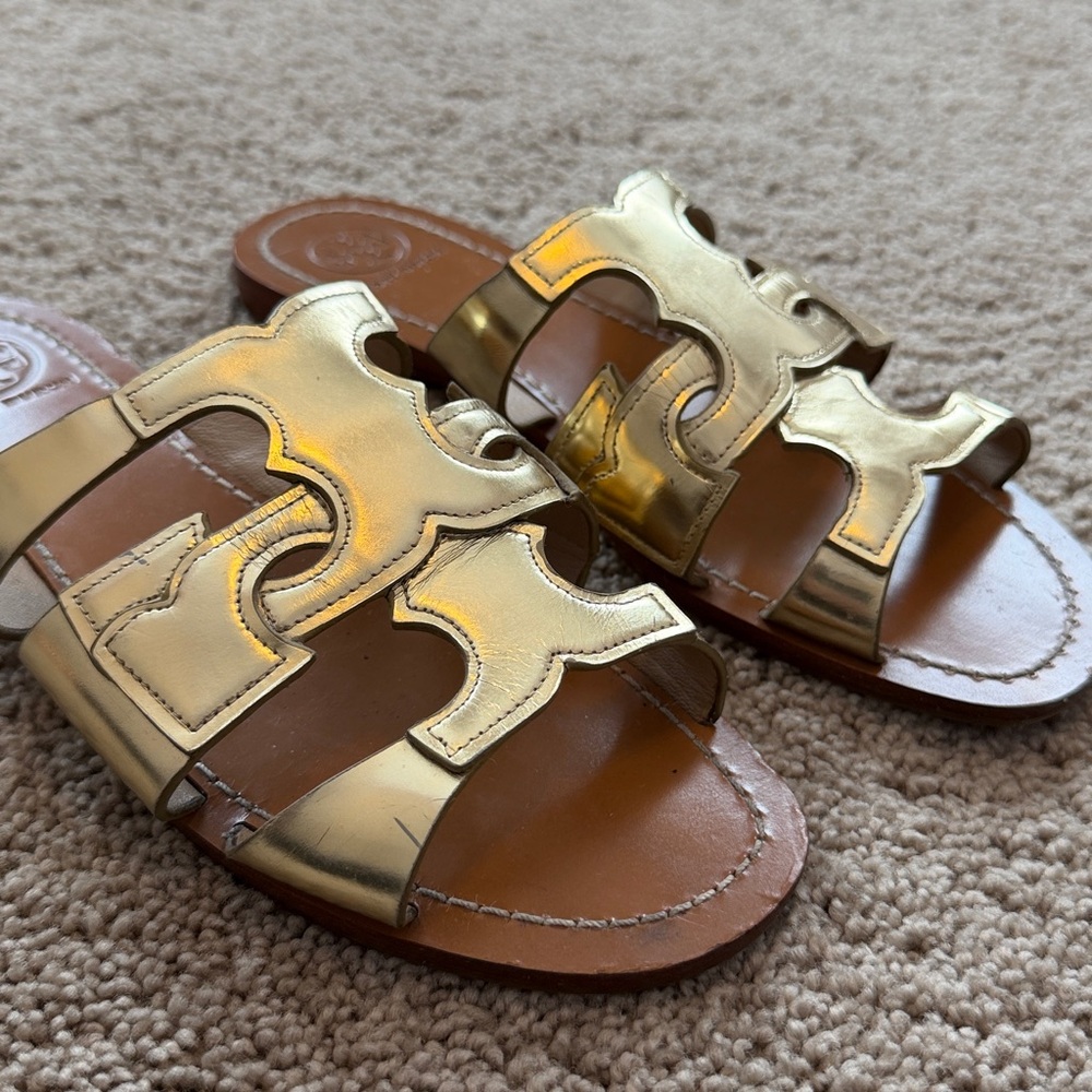 Tory Burch Anchor T Metallic Gold Slide Sandals - Picture 9 of 11